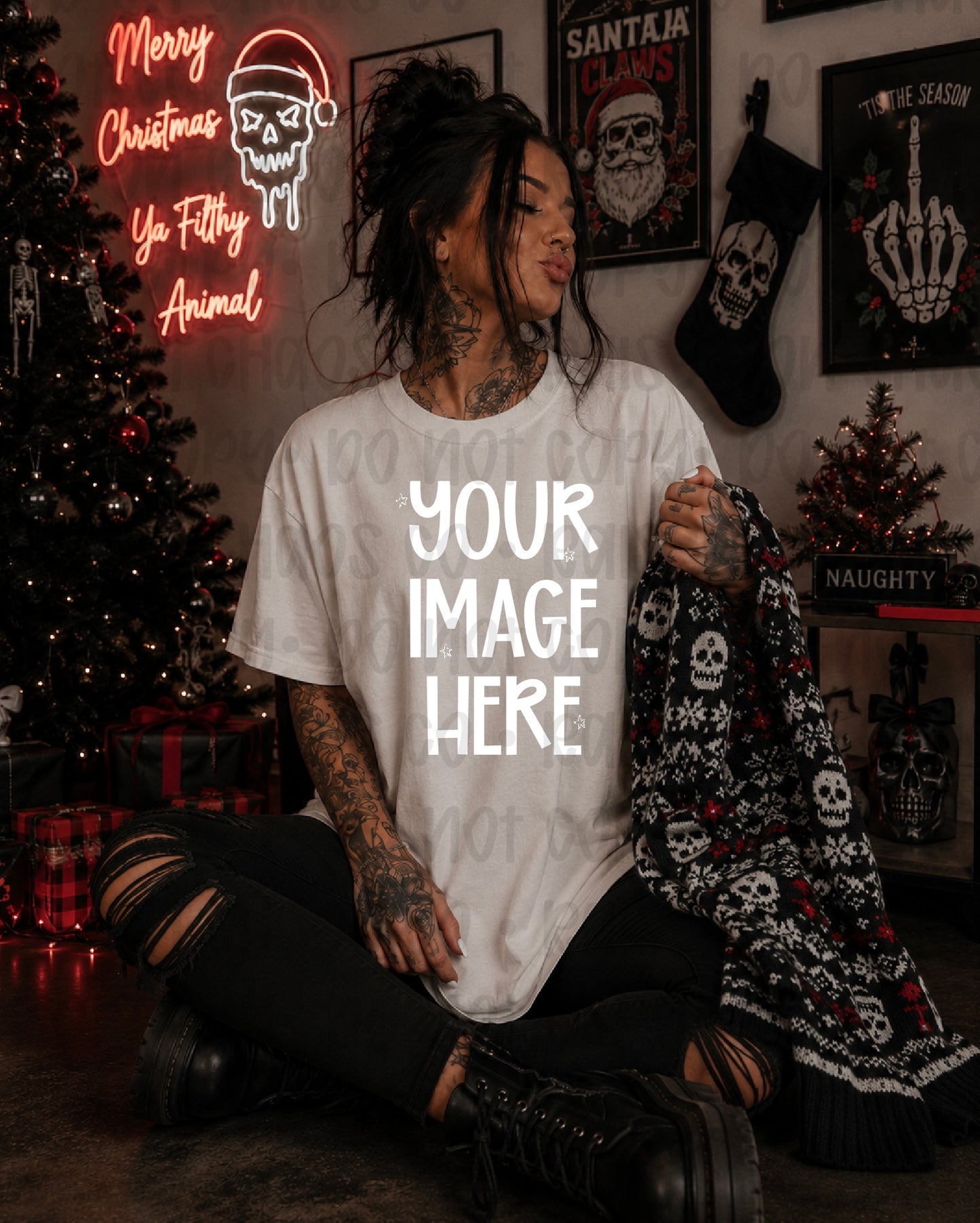 Edgy Christmas Themed CC Tee Mock-up- White