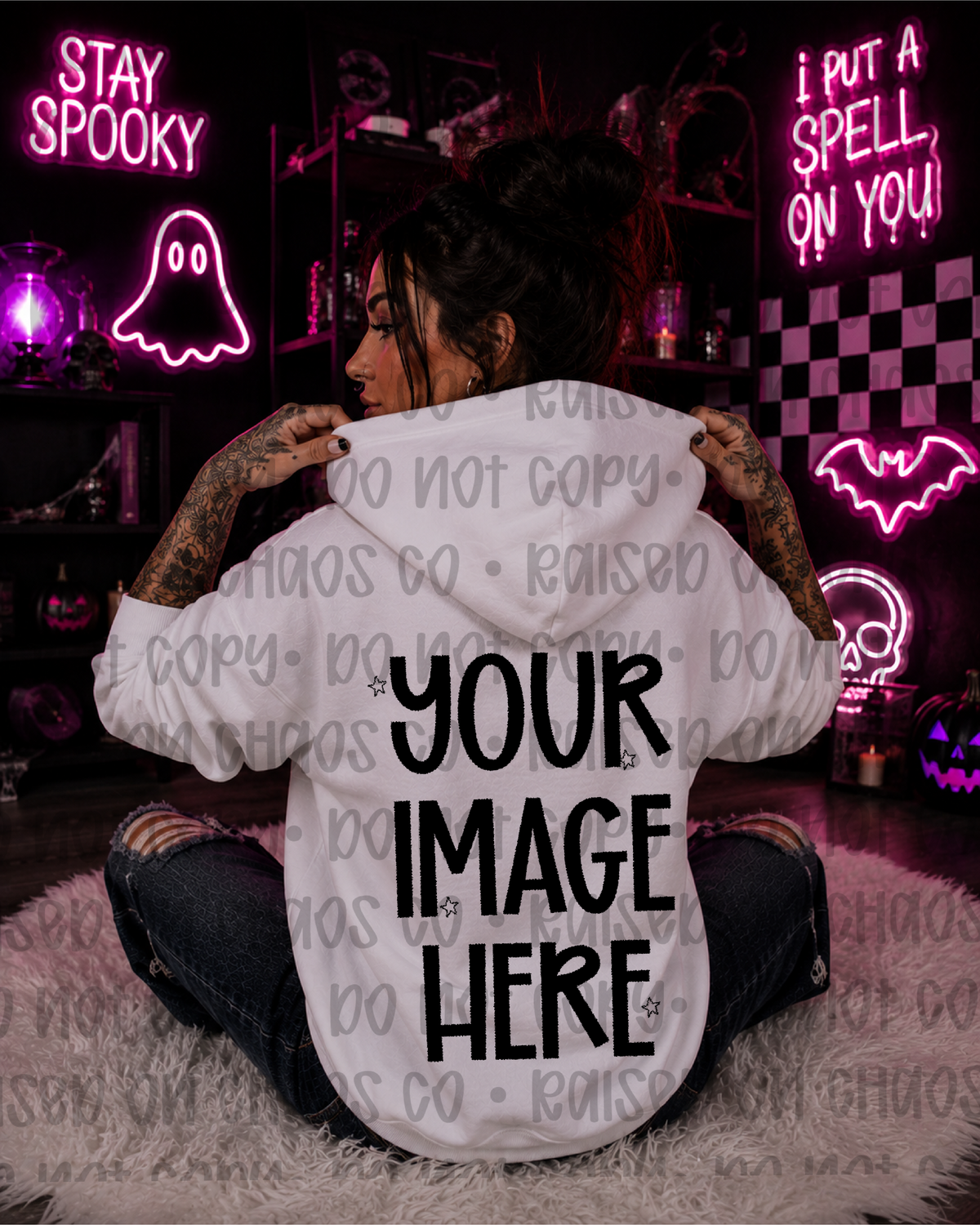 Spooky Neon Themed Hoodie Shirt Mock-up - White