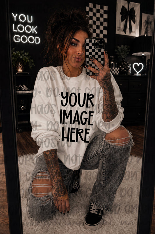 Checkered Edgy Themed Sweatshirt Mock-up - White