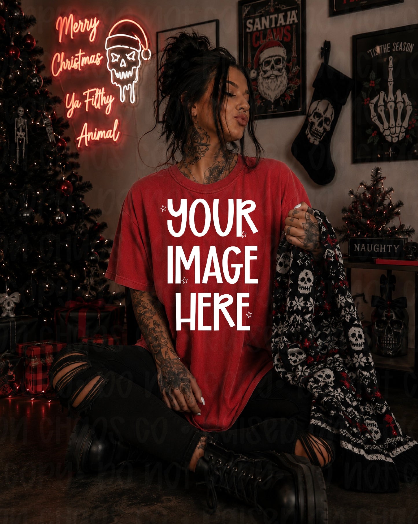 Edgy Christmas Themed CC Tee Mock-up- Red