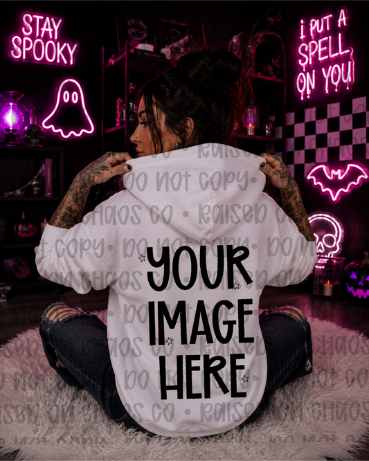 Spooky Neon Themed Hoodie Shirt Mock-up - White